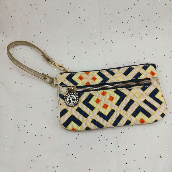 Spartina 449 Daufuskie Wristlet Wallet Linen Leather Navy Beige Geometric - Picture 2 of 12